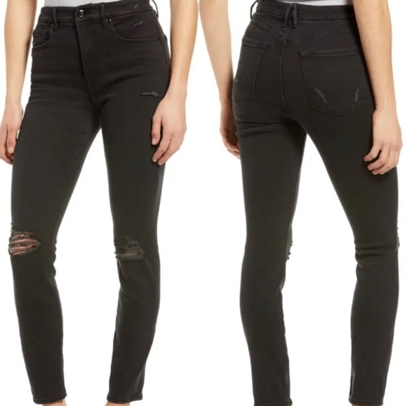 Good American Good Waist Distressed Skinny Jeans Black | Size 4/27 - Picture 8 of 9